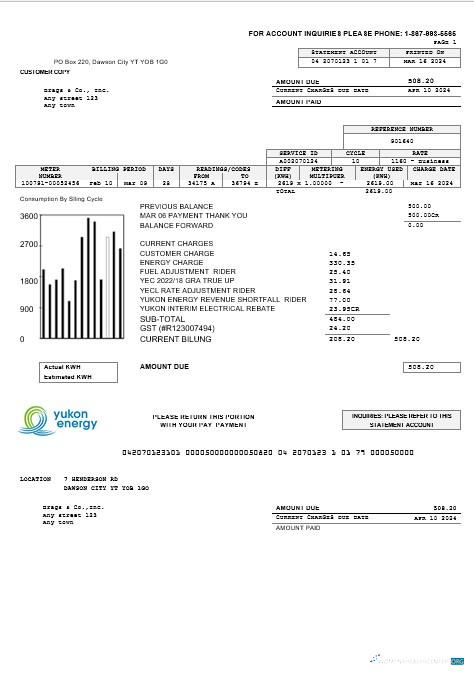 Download Canada Yukon Energy business utility bill template in Word and PDF formats Photoshop template